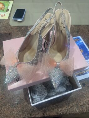 Wild Pair Crystal Embellished Pink Bow Slingback Heels